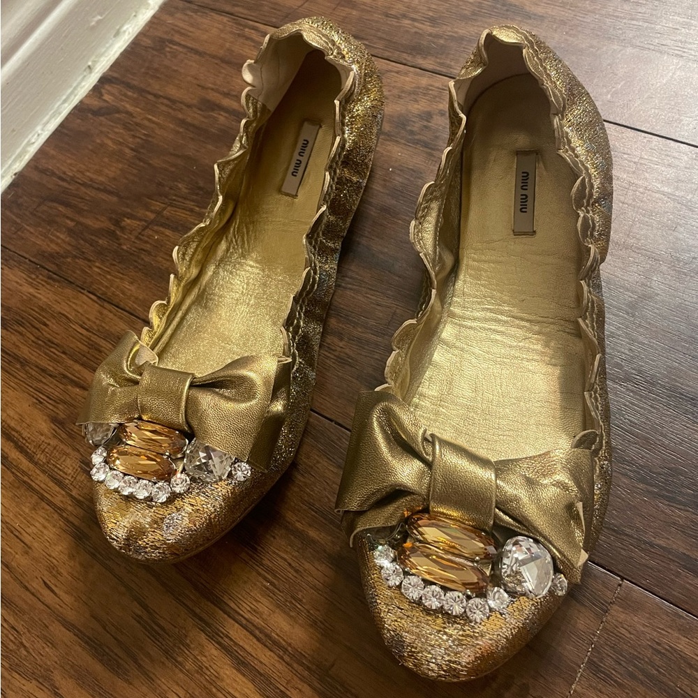 Miu Miu Metallic Gold Jeweled Bow Ballet Flats